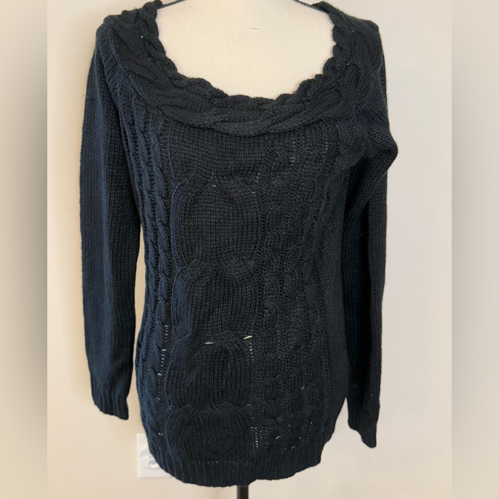 CBRAND black cable knit sweater braided scoop neck ribbed long sleeves SZ LG